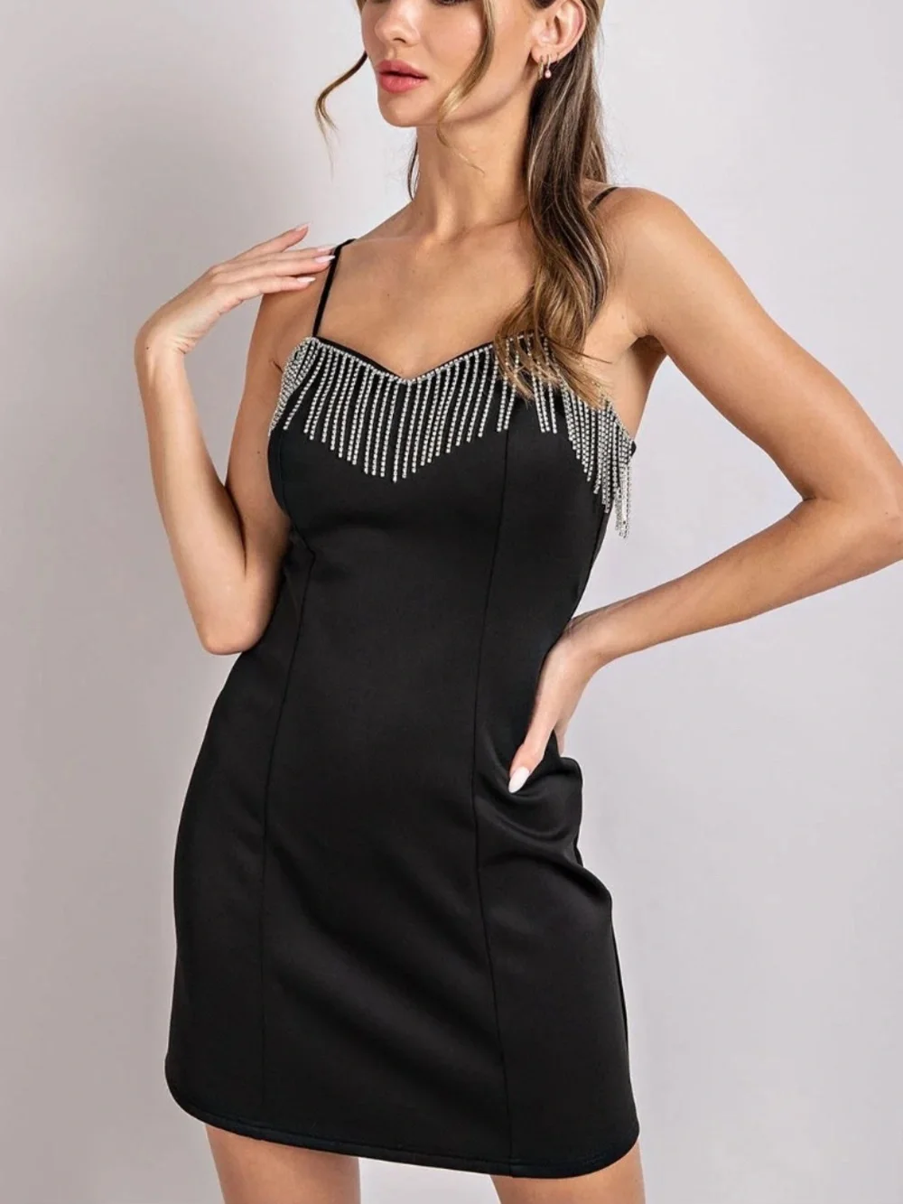 NWT Sleek Black Spaghetti Strap Body Con Dress with Rhinestone Fringe